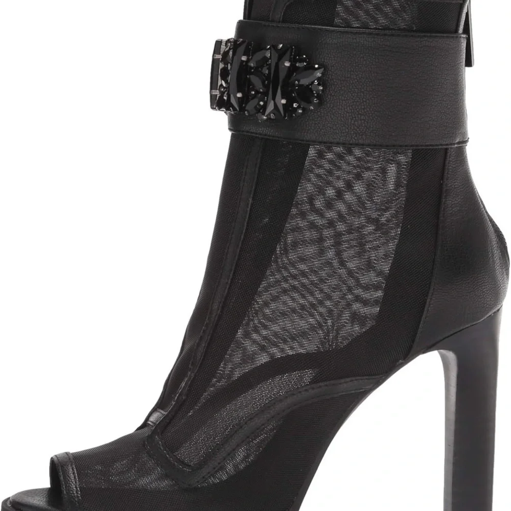 Karl Lagerfeld Black Peep-Toe Ankle Booties with Embellished Strap